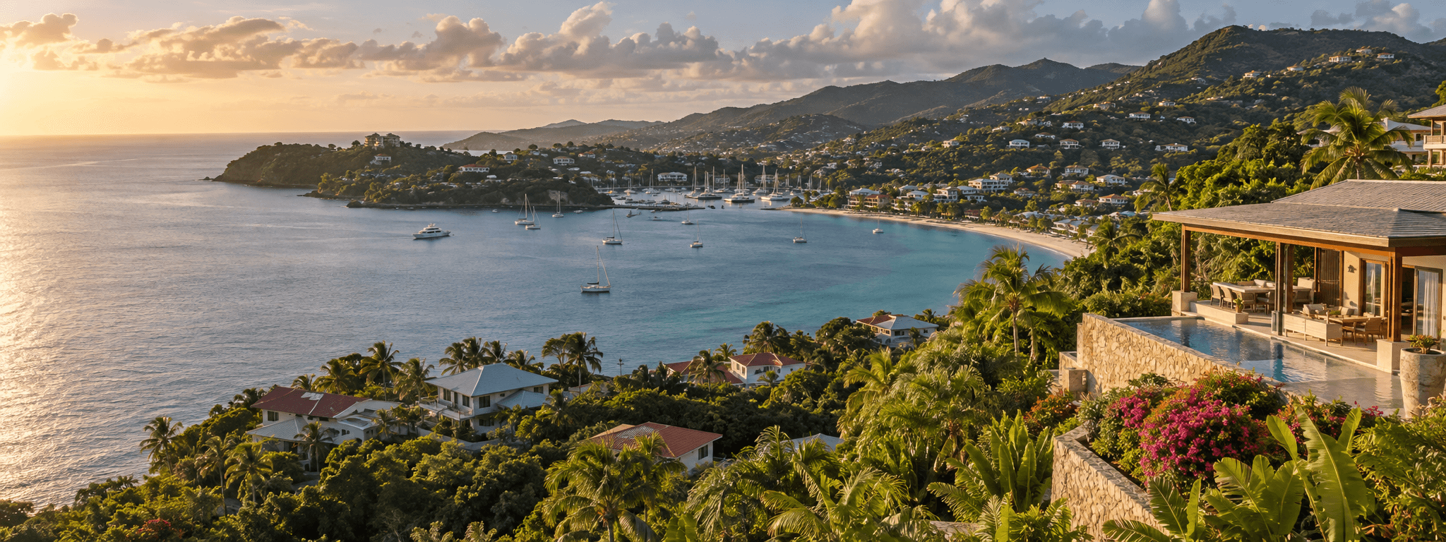 Grenada hillside residences overlooking a Caribbean bay